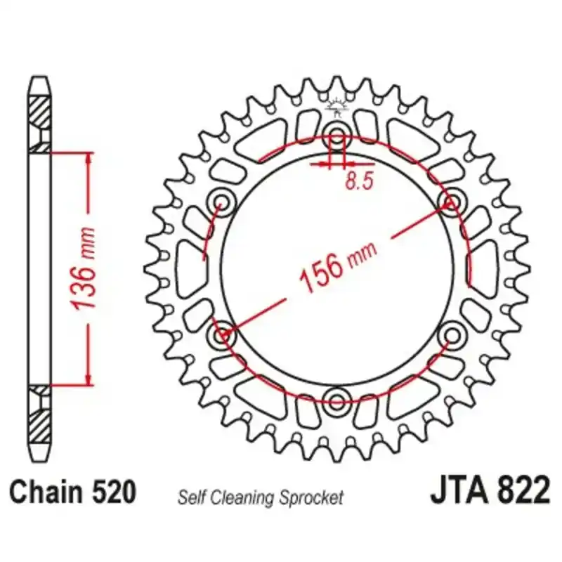 Couronne JT SPROCKETS aluminium ultra-light anti-boue 822 – 520 Commander Vite