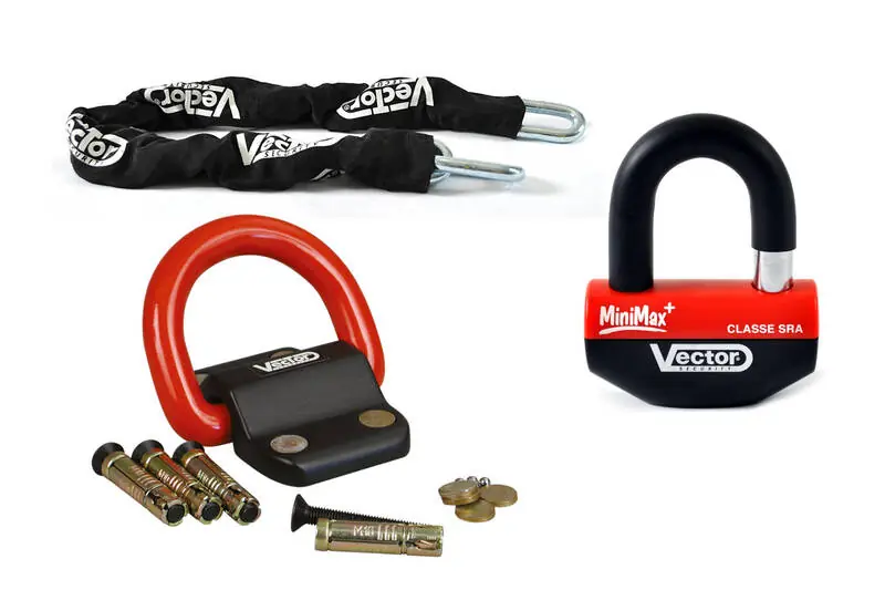 VECTOR Kit antivol avec chaîne 1.30m + antivol/disque MiniMax+ antivol + ancrage au sol C Promotion Saisonnière